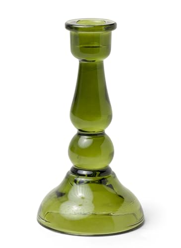 Paddywax Glass Taper Candle Holder Tall Candlestick Holder, 16.6cm Tall, Dark Green