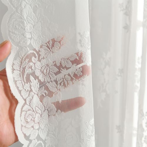 Kotile Ivory Lace Curtains 36 Inch Length 2 Panels, Country Rustic Floral Lace Curtains Short for Kitchen Window, Rod Pocket Privacy Lace Cafe Curtains, 42 x 36 Inch Each, 1 Pair, Ivory