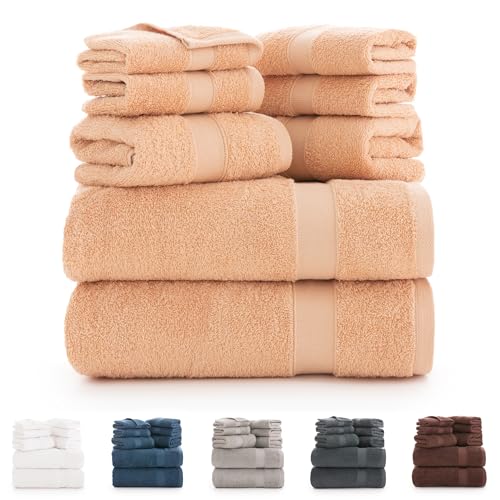 Todocama - Set of 8 Bath Towels 100% Cotton (550 GSM) Extra Soft, High Absorbent and Quick Drying, 2 Bath Towels, 2 Hand and 4 Face Towels (Beige)