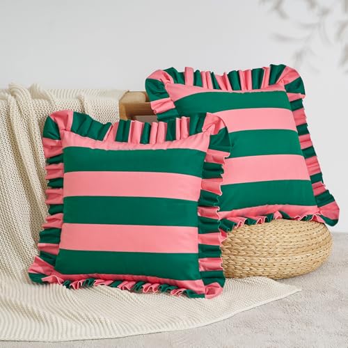 MONDAY MOOSE Decorative Throw Pillow Covers, Set of 2 Water-Resistant Striped Design with Ruffle Edge for Outdoor/Indoor Use, Pillow Inserts Not Included (Pink/Dark Teal, 16x16 inch)
