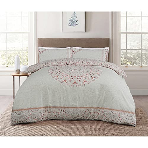 Sleepdown Abstract Mandala Multi Natural 100% Cotton Reversible Duvet Cover Quilt Pillow Cases Bedding Set Soft Easy Care - Double (200cm x 200cm), Multi Natural Pink