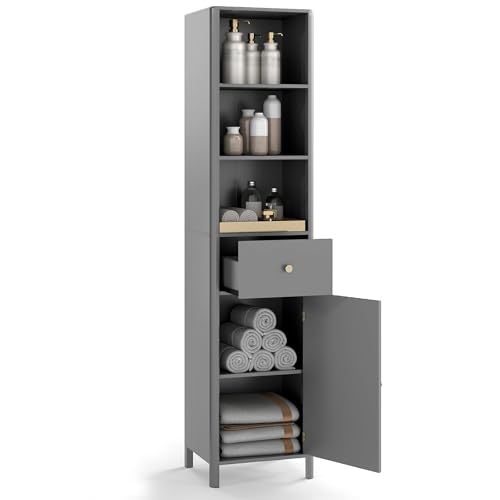 RELAX4LIFE Tall Bathroom Cabinet, 170cm Freestanding Slim Storage Cupboard with Adjustable Shelf, Drawer & Door, Wooden Narrow Bathroom Floor Cupboard for Living Room Hallway Kitchen (Grey)