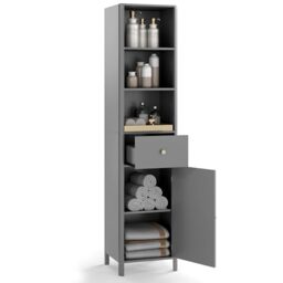 RELAX4LIFE Tall Bathroom Cabinet, 170cm Freestanding Slim Storage Cupboard with Adjustable Shelf, Drawer & Door, Wooden Narrow Bathroom Floor Cupboard for Living Room Hallway Kitchen (Grey)