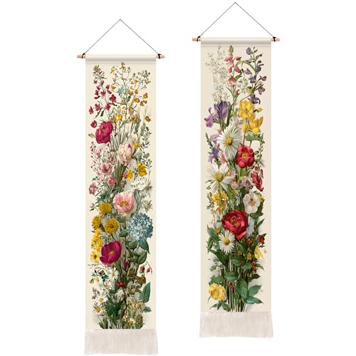 BVBOX 2 PCS Vertical Floral Tapestry, Long Vertical Wall Hanging Black Tassel Tapestries Home Decor for Living Room, Bedroom