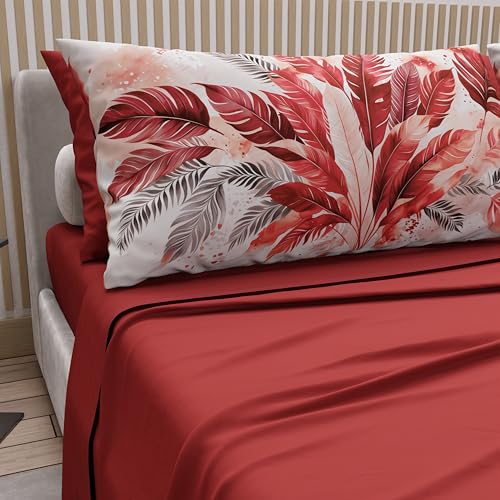 PETTI Artigiani Italiani - Cotton Sheets with Pillowcases in Digital Print, Double Bed Sheet, Red Palm Print Bedding Set, 100% Made in Italy