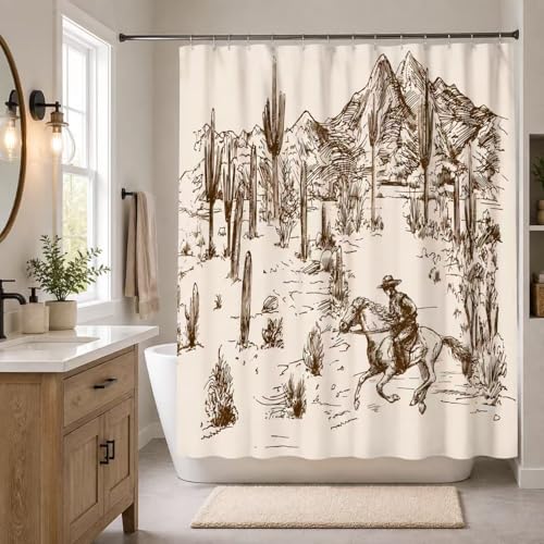 "Western Cowboy Shower Curtain, Cactus Shower Curtain, Farmhouse Country Shower Curtain for Bathroom American Wild West Cowboy Riding Horse in Desert, Waterproof Fabric with 12PCS Hooks, 72"" W X 72"" L"