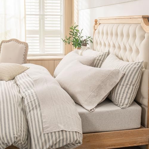 "PURE ERA Jersey Knit 4pc Bed Sheet Set 100% T-Shirt Heather Cotton Super Soft Comfy Breathable Fits Mattress Up to 20"" Extra Deep Pocket (Heather Beige, Queen)"