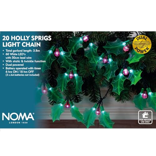 Battery Powered Green Holly Christmas Lights with Red Berries