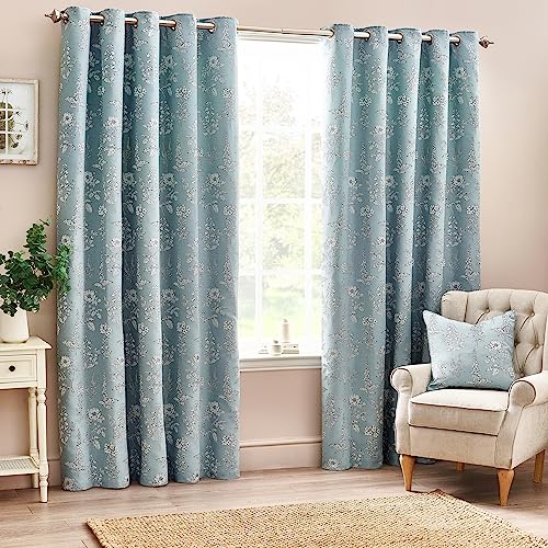 furn. Wylder Sophia Eyelet Curtain Pair – Room Darkening Jacquard Botanical Embroidered Lined Luxury Curtains (Blue – Width 229 x Drop 183cm)