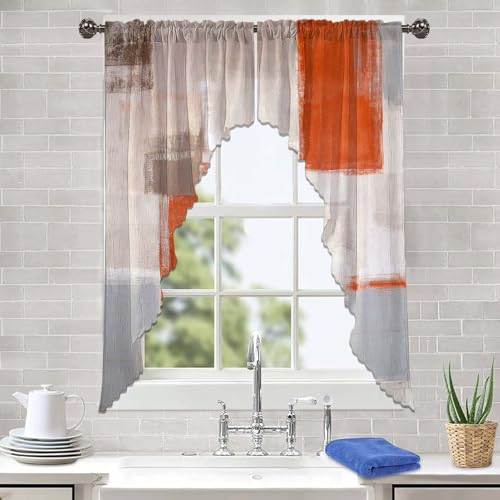 "ULQUISNCE Orange Swag Valances Set, Brown Grey Swag Curtains Abstract Kitchen Curtains Fade and Wrinkle Resistant - Ideal for Living Room, Kitchen, bathroom (36"" x 63"", 2 Panels)"