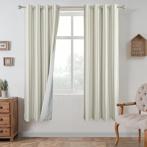 DriftAway Farmhouse Stripe Blackout Curtains, W52xL63, Loden Green - Blackout, Linen Texture, Stripe Pattern, Rod Pocket & Back Tab, Two Layers, Bedroom Living Room Use, Sound Reducing Design