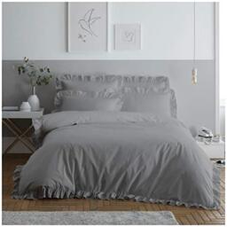 GAVENO CAVAILIA Ruffle Bedding Easy Care Plain Dyed Duvet Cover Frill Quilt Set, Polyester, 50% Cotton, Grey, Single, 11582236