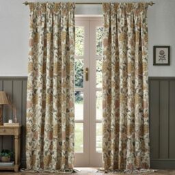 Morris&Co. Cray Pencil Pleat Curtain Pair – Lined Velvet Floral River-Inspired Drapes (Stone/Clay - 229x137cm)