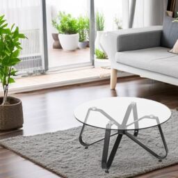FurnitureR Coffee Tables, Round Minimalist Tempered Glass Table with Smooth Rounded Edges, Metal Legs, for Home, Living Room, Patio, Garden, 80 x 80 x 40 cm