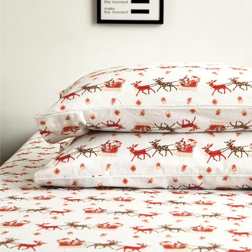 Elegant Comfort Ultra Soft 4-Piece 100% Turkish Cotton Flannel Sheet Set - Holiday Christmas Flannel Sheets, Warm and Cozy Anti-Pill Premium Quality, Deep Pocket Fitted Sheet- Full, Santa Sleigh