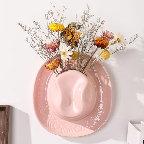 Hanging Wall Planters for Indoor Plants, Wall Vases for Flowers, Ceramic Cowboy Hat Vases for Decor, for Bathroom, Living Room, Office, and Home Decor.Light Pink Medium
