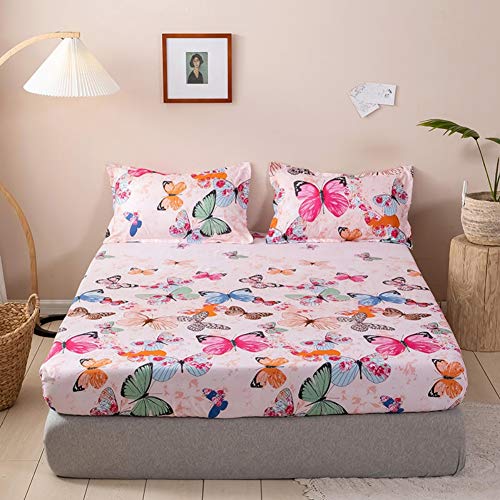 Kids Bed Sheet Set Twin Girls Teens Pink Butterfly Bedding Set Decorative Microfiber Polyester Animal Fitted Sheet for Children Bedroom Soft Bed Cover with 2 Pillow Case, Flat Sheet not Included