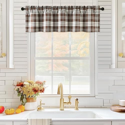 VOGOL Buffalo Check Valance for Windows, Mocha Kitchen Garden Farmhouse Valance, 52 x 12 Rod Pocket Curtain Panels for Small Windows, 1 Panel