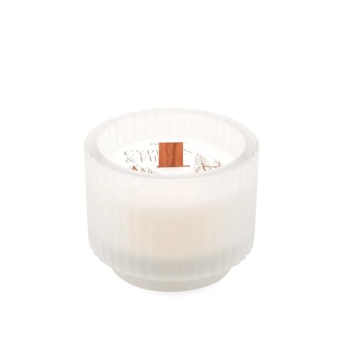 Paddywax Holiday Candles Cypress & Fir Frosted Glass Wood Wick Luxury Artisan Scented Candle, 141g, White