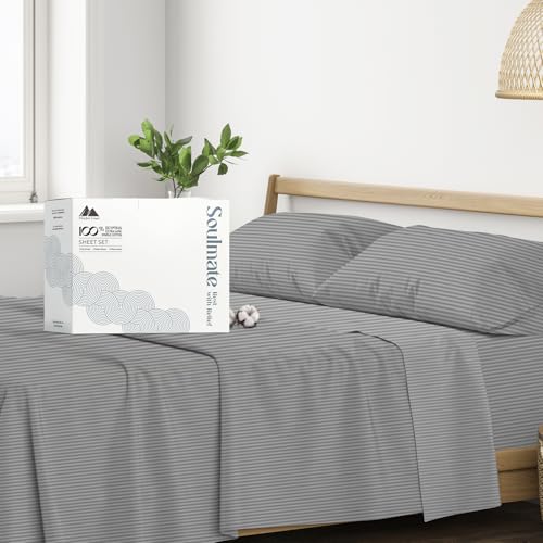 500 Thread Count Bed Sheets 100% Egyptian Cotton Striped Sheets Set - Dark Grey Long-Staple Cotton Queen Sheet for Bed, Fits Mattress Upto 16'' Deep Pocket, Soft & Silky Sateen Weave Sheets