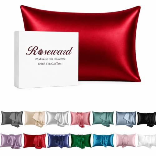 "Red Silk Pillow Cases for Hair and Skin, 22 Momme, Anti Acne Silk Pillowcase with Zipper, Organic, Hypoallergenic, Anti Wrinkle, 1 Pc 20""x26"" (Standard, Red)"