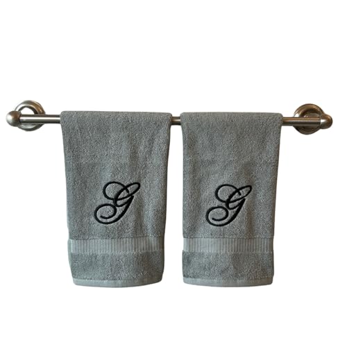 Gray Monogrammed Hand Towels for Bathroom - Luxury Hotel Quality Personalized Initial Embroidered Towel for Powder Room, Spa - GOTS Organic Certified - Set of 2 Black Letter G