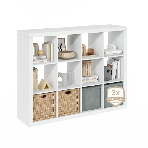 Furinno CUBICLE Book Shelf, 12-Cube Bookshelf, Triple Thick Frame Cube Storage Organizer, Bookcase, 15.4 x 57.4 x 43.4, for Home Office, Living Room, Plain White