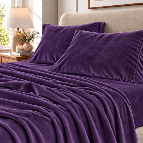 Great Bay Home Extra Soft Velvet Plush Twin Micro Fleece Bedding Sheet Set - Deluxe Microplush Non Pilling Sheets, Deep Pocket - Lavish Sherpa Velvet Luxe Collection (Twin, Purple)