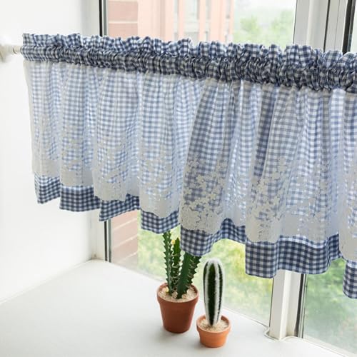 "Huierxun Blue and White Buffalo Check Plaid Tier Curtains Floral Lace Semi Sheer Kitchen Curtain Farmhouse Gingham Curtains Rod Pocket Tiers for Living Room (Blue B,59""x24"")"