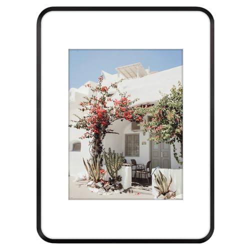 Golden State Art 12x16 Aluminum Picture Frame Black - With Round Corners - With Mat for 8.5x11 Photo or Without Mat for 12x16 Photo - Real Glass - Matte Design - Home Decor for Wall Display