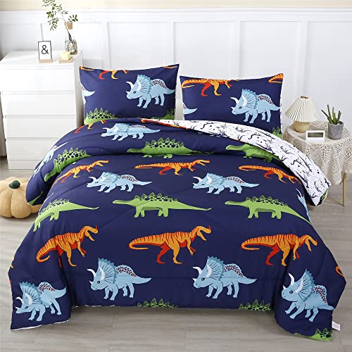 RYNGHIPY Cartoon Dinosaur Comforter Set, Dark Blue Dinosaur Kids