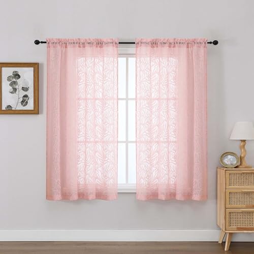 OVZME Blush Pink Sheer Curtains 54 Inch Length 2 Panels, Soft Airy Light Filtering Breathable Leaf Jacquard Textured Short Drapes for Bathroom Bedroom Windows, Dual Rod Pocket, 2x42Wx54L Inches