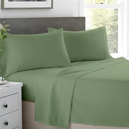 "SKY BEDDINGS King Size Sheet Set - 100% Egyptian Cotton - 600 Therad Count King Bed Sheets Set with 16"" Deep Pocket - 4 Piece Luxury Sheets King Size - Soft, Cooling Sateen Weave - Sage Green"