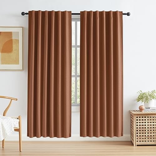 KEQIAOSUOCAI Rust Red Colored Blackout Curtains Linen 72 Inch Length for Living Room and Bedroom - 2 Panel Sets with Hook Belt Back Tab
