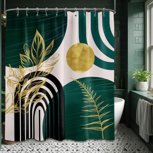 "QGHOT Dark Green Shower Curtain Boho Mid Century Modern Emerald Hunter Green and Gold Shower Curtains for Bathroom Decor, Waterproof Cloth Fabric with Hooks, 60"" W x 72"" L"