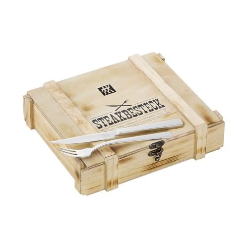 ZWILLING Steak Cutlery Set 12-Piece, Serves 6, Wooden Box, Stainless Steel - Dishwasher Safe, Knives with Blade Steel