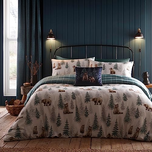 Dreams & Drapes Woodland Bear Duvet Cover Set – Super King Size 260 x 220cm – Brushed 100% Cotton Flannelette – Reversible – Green Check & Trees – 2 Pillowcases – Autumn/Winter Bedding