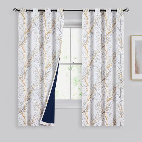 FMFUNCTEX 100% Blackout Mustard Yellow Branch Curtains 63 Inch 2 Panels - Tree Printed Black Out Drapes, Grommet Top, Thermal Insulated Room Darkening for Bedroom, Living Room, Farmhouse Window