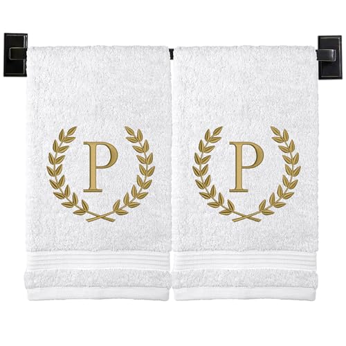 Custom Luxury Towels Monogrammed Hand Towels for Bathroom - Set of 2 - Genuine Turkish Towels - Choose Towel and Thread Color - A - Z - Monogrammed Towels with Embroidered Wheat Laurel Design