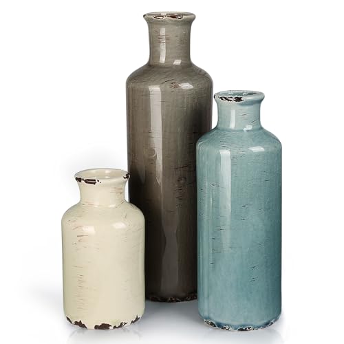 CUCUMI Ceramic Vase Set of 3, Rustic Coastal Farmhouse Decor for Shelves, Ocean Beach Style Small Flower Vases for Home Decor, Mantle, Fireplace, Table, Shelf Decorations for Living Room