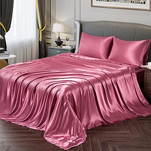 Vonty Satin Sheets Twin Silky Soft Satin Bed Sheet Set, 1 Deep Pocket Fitted Sheet + 1 Flat Sheet + 1 Pillowcases in Light Wine Red
