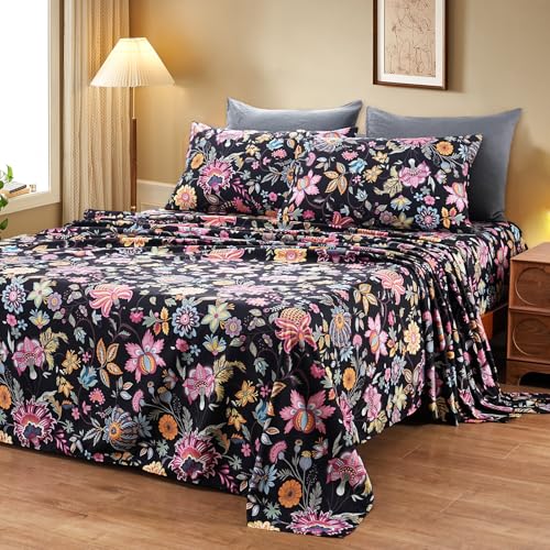 Bedlifes Full Sheet Set Ultra Soft, Breathable, Silky Flower Deep Pocket 100% Microfiber Bedding, 4 Piece Full Size with Floral,Black Yellow Flowers