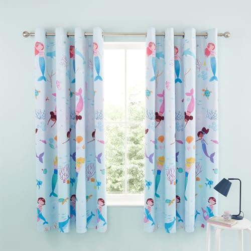 Catherine Lansfield Mermaid 66x72 Inch Fully Reversible Two Curtain Panels Blue/Pink