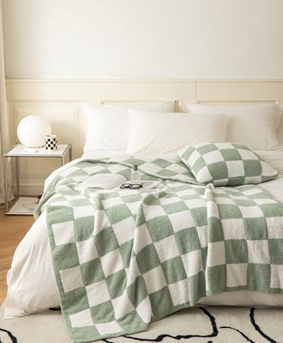 "REPRECONF Ultra-Soft Buffalo Checkerboard Grid Fluffy Microfiber Knitted Throw Blanket Super Cozy Lightweight Checkered Bed Blanket for Sofa Couch Bed Matcha 51""X63"""
