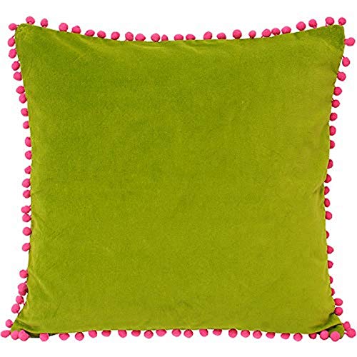 "Riva Paoletti Polyester Filled Cushion Faux Velvet Fabric-Contrasting Fuchsia Pink Pompom Edges-Hidden Zip Closure-100% Soft (18"" X 18"" Inches), Cotton, Green, 45 X 45cm"