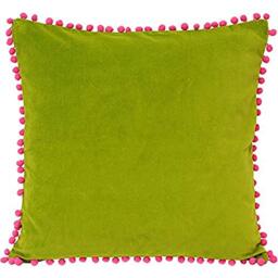"Riva Paoletti Polyester Filled Cushion Faux Velvet Fabric-Contrasting Fuchsia Pink Pompom Edges-Hidden Zip Closure-100% Soft (18"" X 18"" Inches), Cotton, Green, 45 X 45cm"