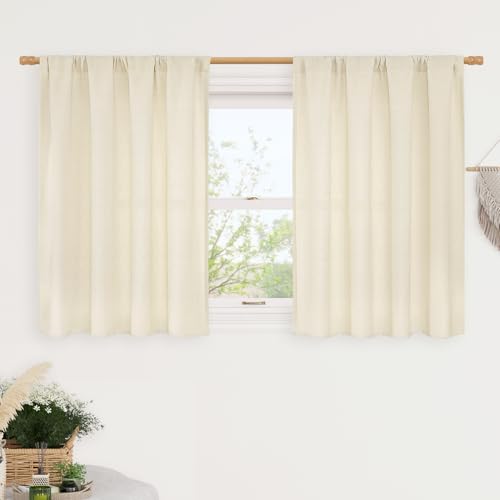 LAMIT Short Curtains 36 Inches Long, Light Beige Faux Linen Textured Light Filtering Drapes for Kitchen Cafe, Rod Pocket Boho Privacy Window Panels for Small Windows/Farmhouse, 2 Panels, 42 x 36 Inch