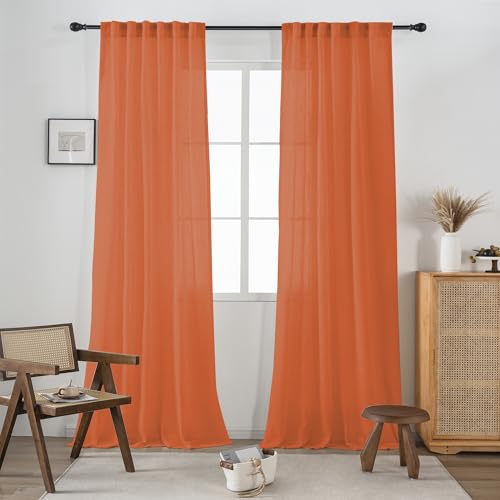 DUALIFE Extra Long Sheer Linen Curtain Panels 108 Inches for Living Room Back Tab Rod Pocket Light Filtering Farmhouse Semi Sheer Linen Curtains for Large Tall Window, Rust 52x108 2 Panels