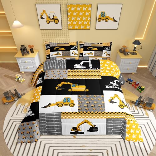 Feelyou Excavator Comforter Construction Vehicles Comforter Set Equipment Trucks Bedding Set for Children Kids Boys Girls Cartoon Car Duvet Set Geometric Lattice Room Decor Quilt Set Full Size
