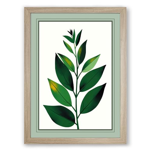 Stem with Symmetric Leaves Botanical Framed Wall Art Print A4 (29.7×21cm) Oak, Wall Decor for Living Room, Bedroom, Office & Home, Ready to Hang, Art Gift